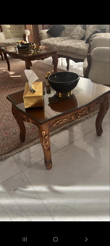 مبل دست دوم ، فروش مبلمان ۷ نفره با ناهارخوری ۱۰ نفره منبت چوب راش سوهانک شمال شهر تهران