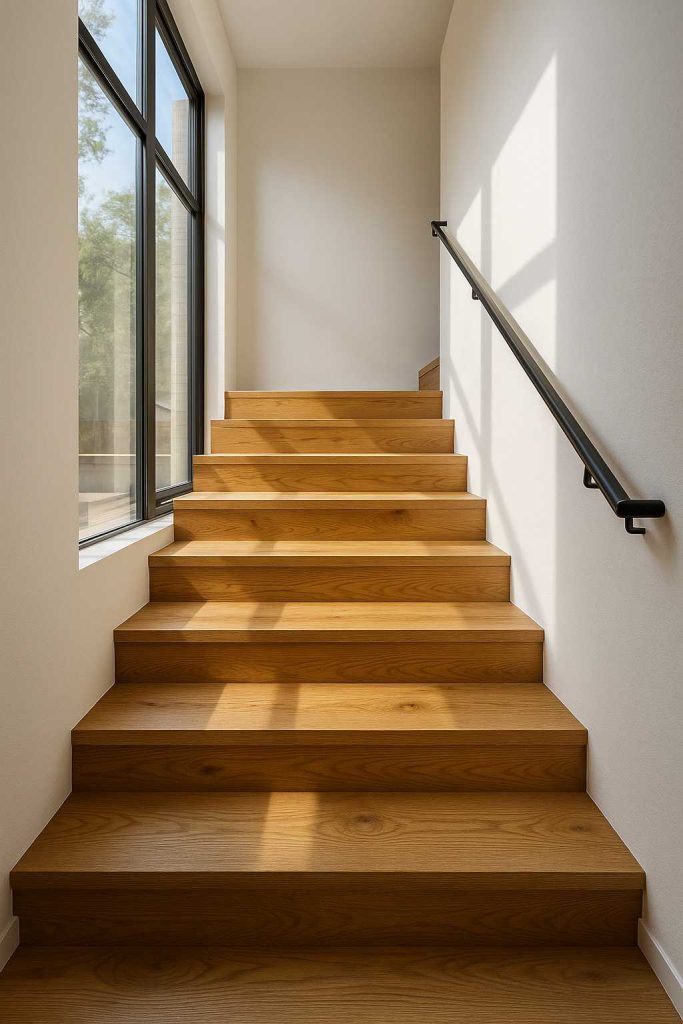 کف پله چوبی با طراحی دقیق و استفاده از چوب مرغوب، مناسب پروژههای داخلی ساختمان