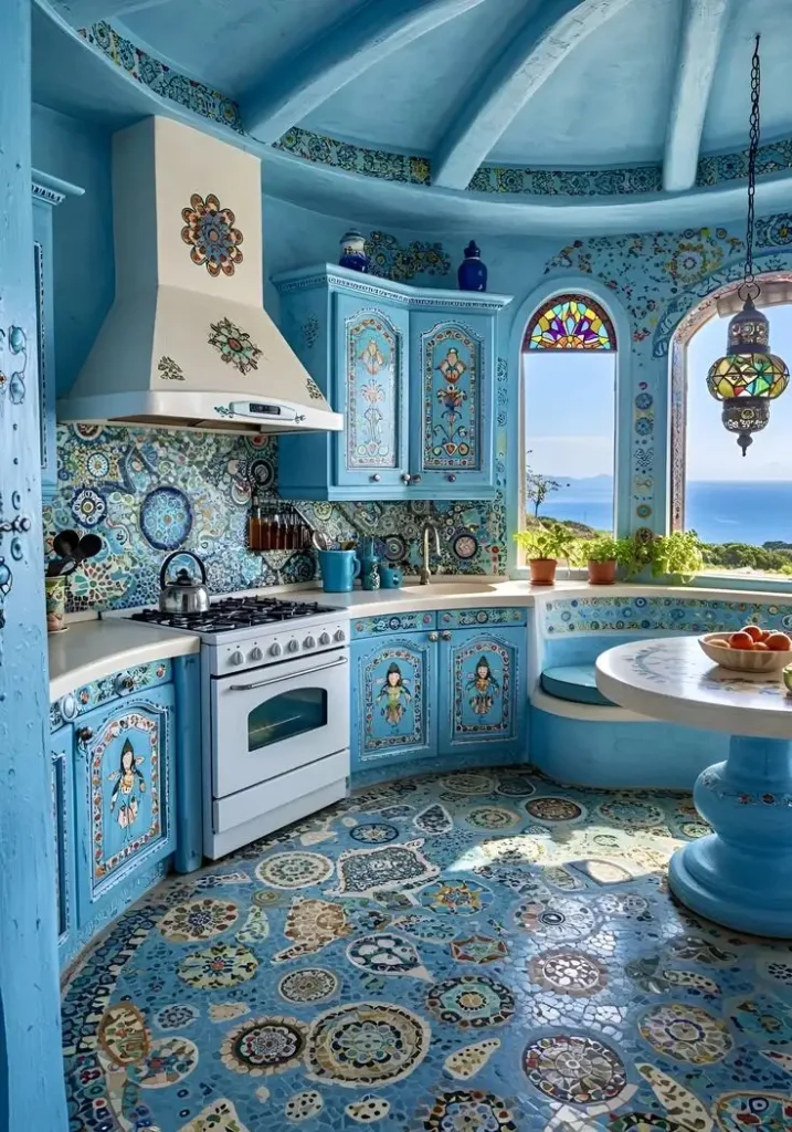 طراحی کابینت مدرن با چوب طبیعی و رنگ آبی