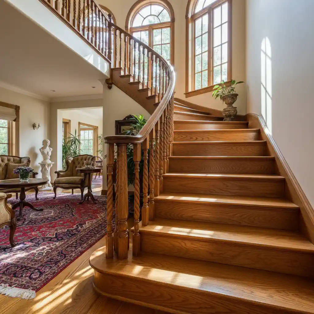 پله کلاسیک بلوط با نرده تزئینی و طراحی سنتی، متریال استاندارد و کیفیت بالا