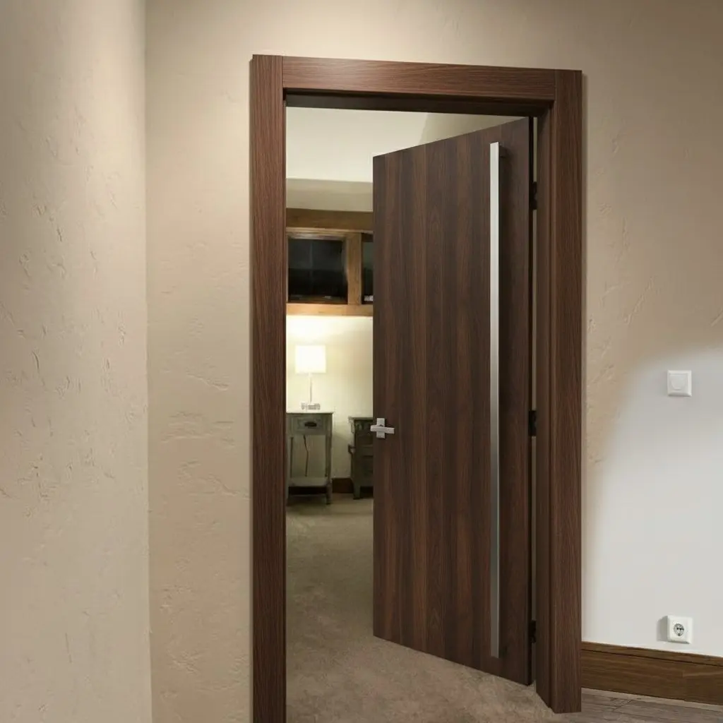 درب چوبی مدرن با روکش چوب گردویی و دستگیره استیل بلند