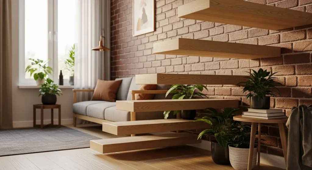 پله معلق چوبی سفارشی با کف پلههای باکس، نصب شده روی دیوار آجری در دکوراسیون مدرن و مینیمال.