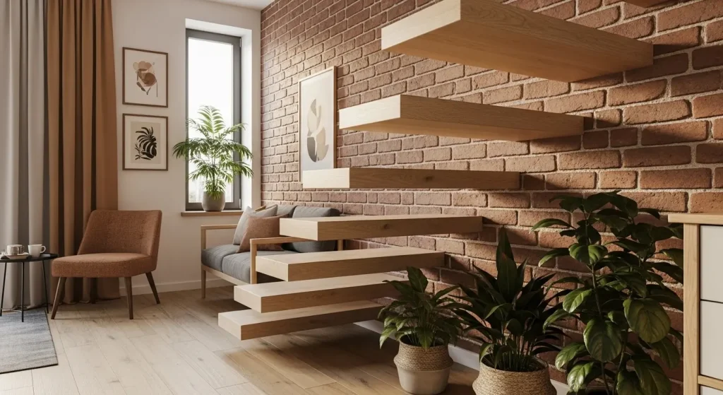 پله معلق چوبی سفارشی با کف پلههای باکس، نصب شده روی دیوار آجری در دکوراسیون مدرن و مینیمال.