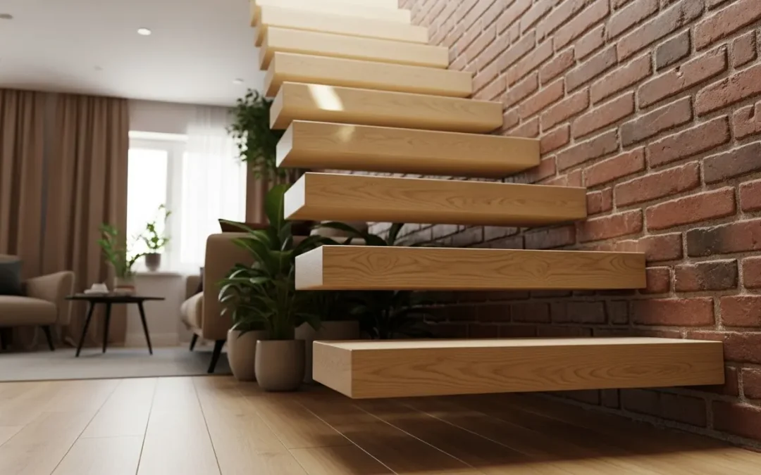 پله معلق چوبی سفارشی با کف پله‌های باکس، نصب شده روی دیوار آجری در دکوراسیون مدرن و مینیمال.
