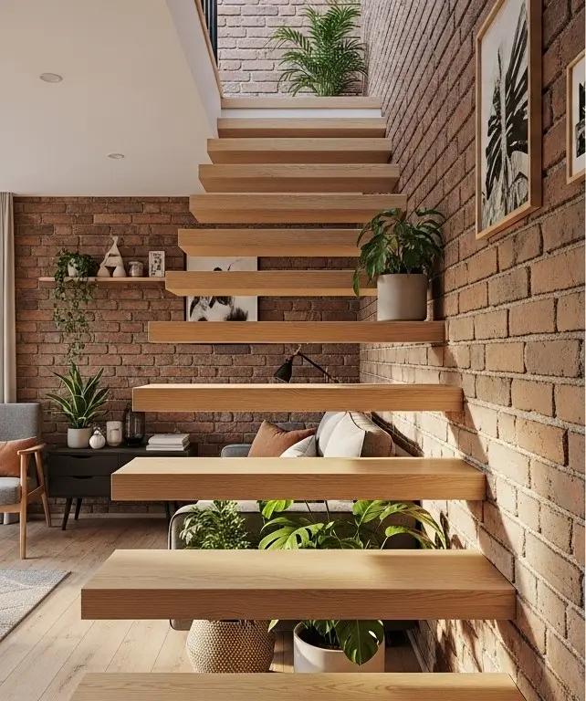 پله معلق چوبی سفارشی با کف پله‌های باکس، نصب شده روی دیوار آجری در دکوراسیون مدرن و مینیمال.