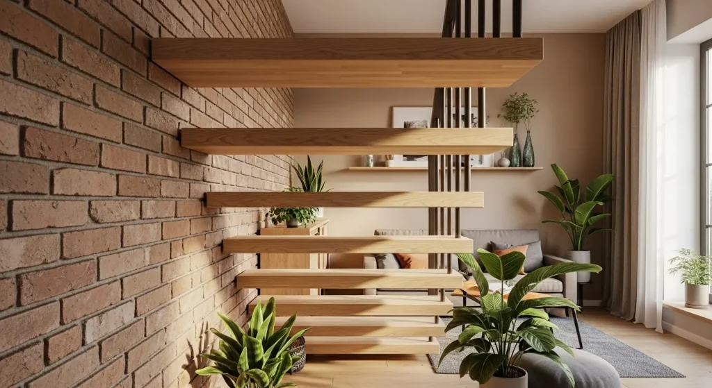 پله معلق چوبی سفارشی با کف پلههای باکس، نصب شده روی دیوار آجری در دکوراسیون مدرن و مینیمال.