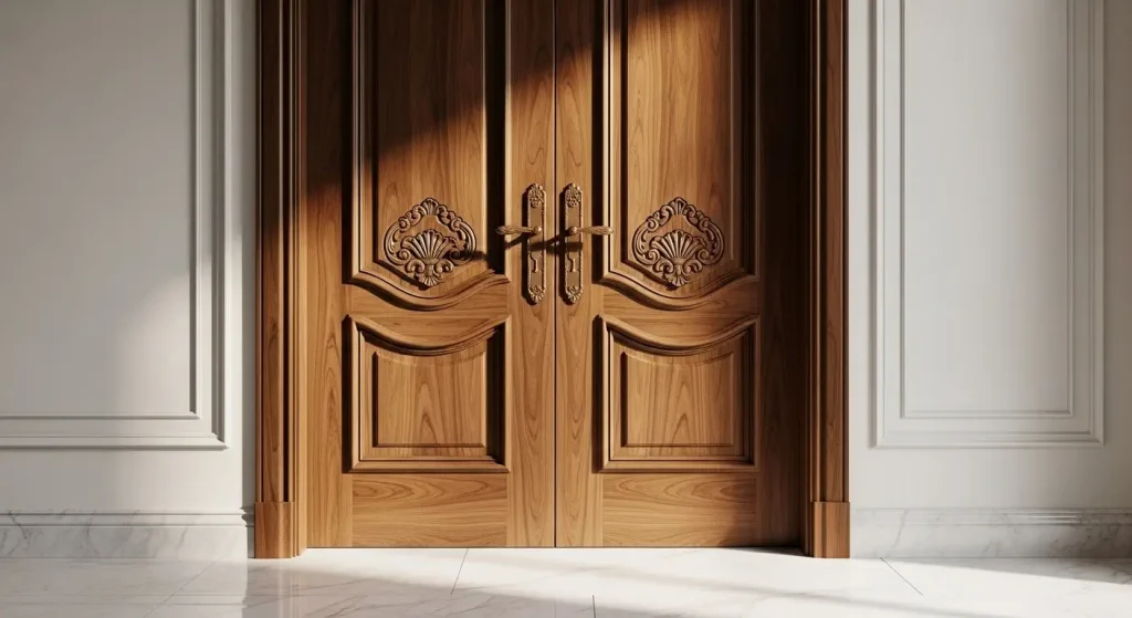 درب کلاسیک تمام چوب سفارشی با منبت‌کاری ظریف – صنایع چوب فن و هنر