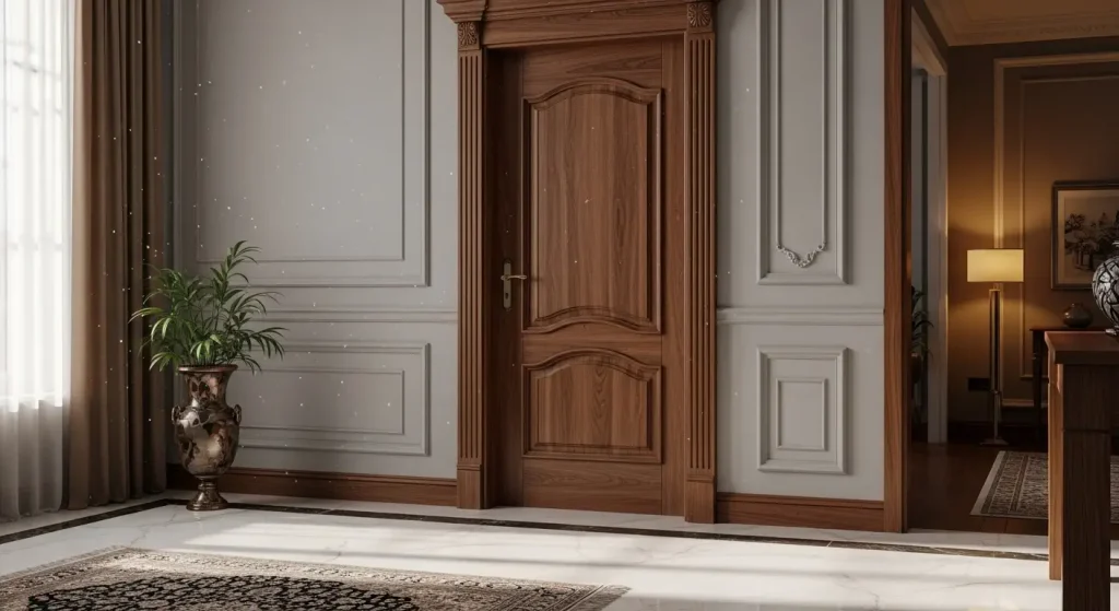 درب کلاسیک تمام چوب سفارشی با منبت‌کاری ظریف – صنایع چوب فن و هنر