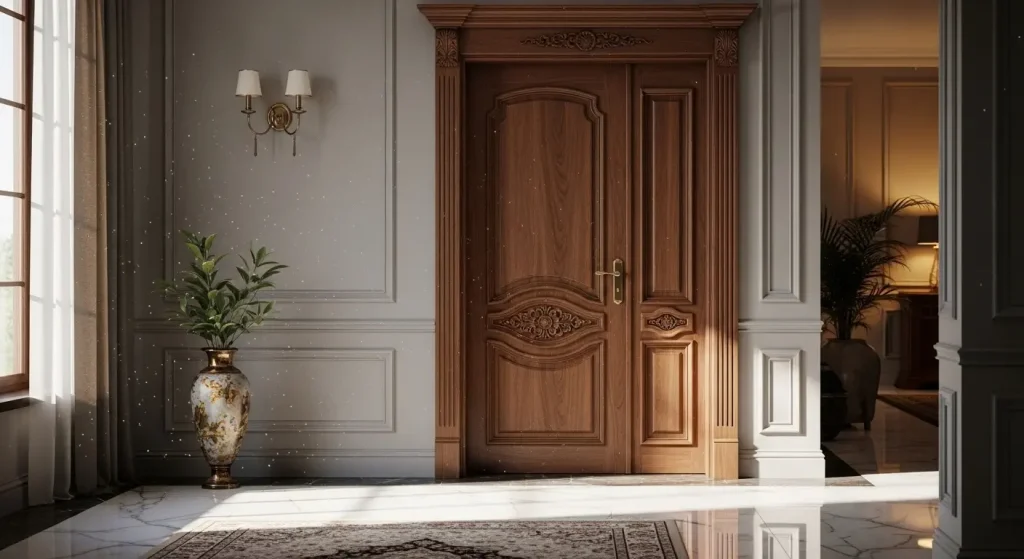 درب کلاسیک تمام چوب سفارشی با منبت‌کاری ظریف – صنایع چوب فن و هنر