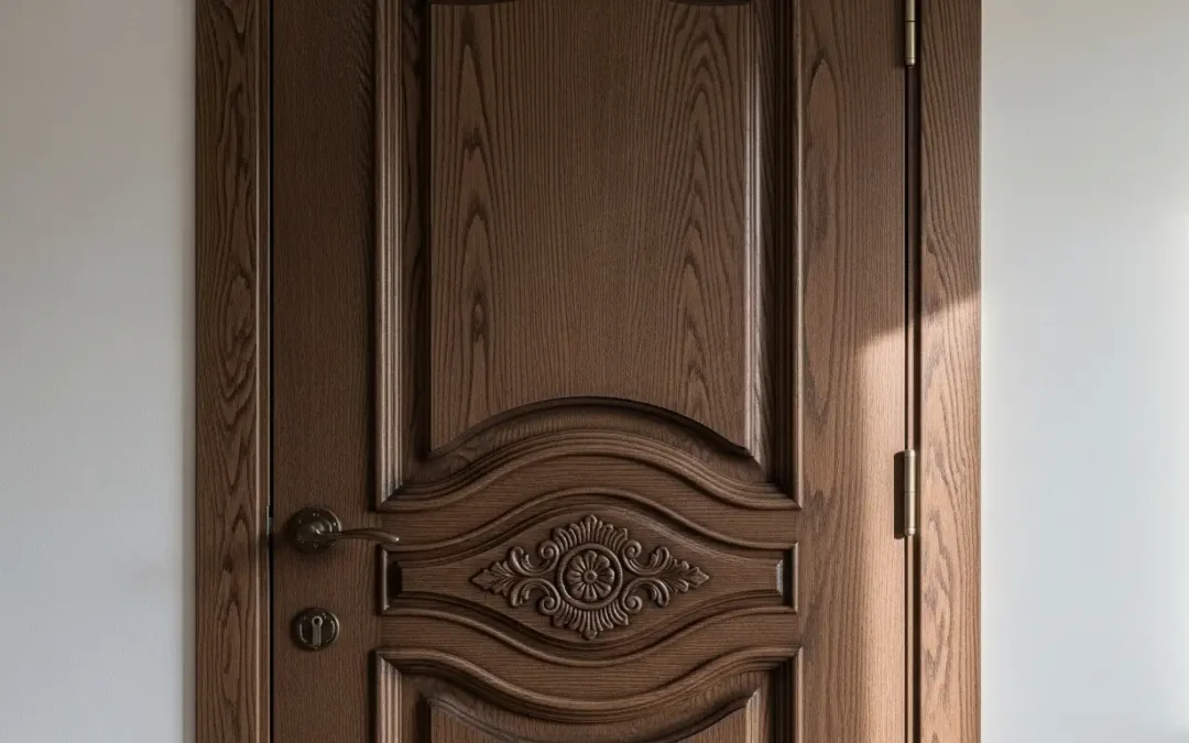 درب کلاسیک تمام چوب سفارشی با منبت‌کاری ظریف – صنایع چوب فن و هنر