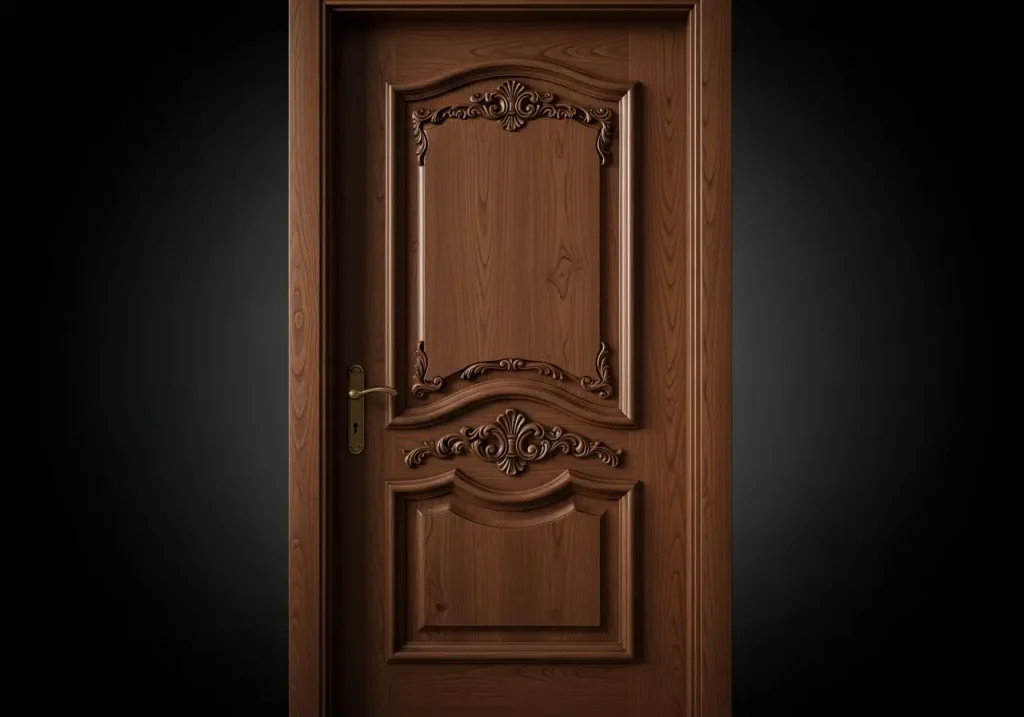 درب کلاسیک تمام چوب سفارشی با منبت‌کاری ظریف – صنایع چوب فن و هنر