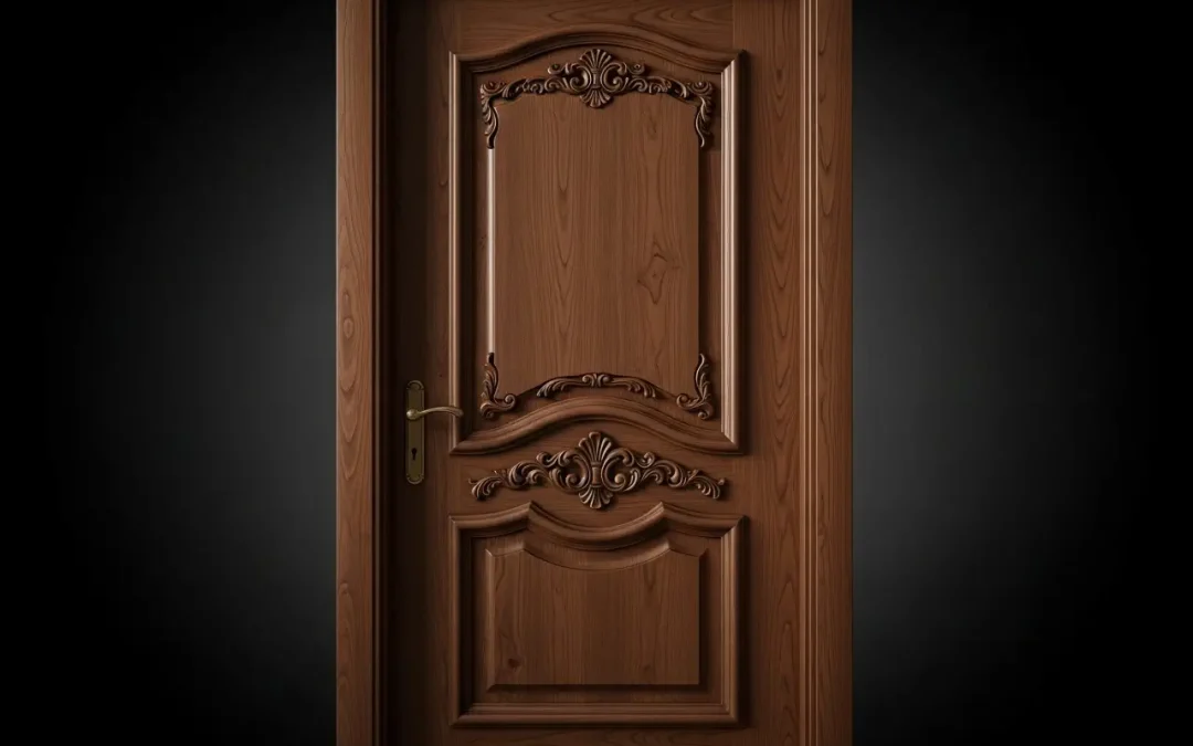 درب کلاسیک تمام چوب سفارشی با منبت‌کاری ظریف – صنایع چوب فن و هنر