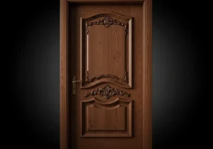 درب کلاسیک تمام چوب سفارشی با منبت‌کاری ظریف – صنایع چوب فن و هنر