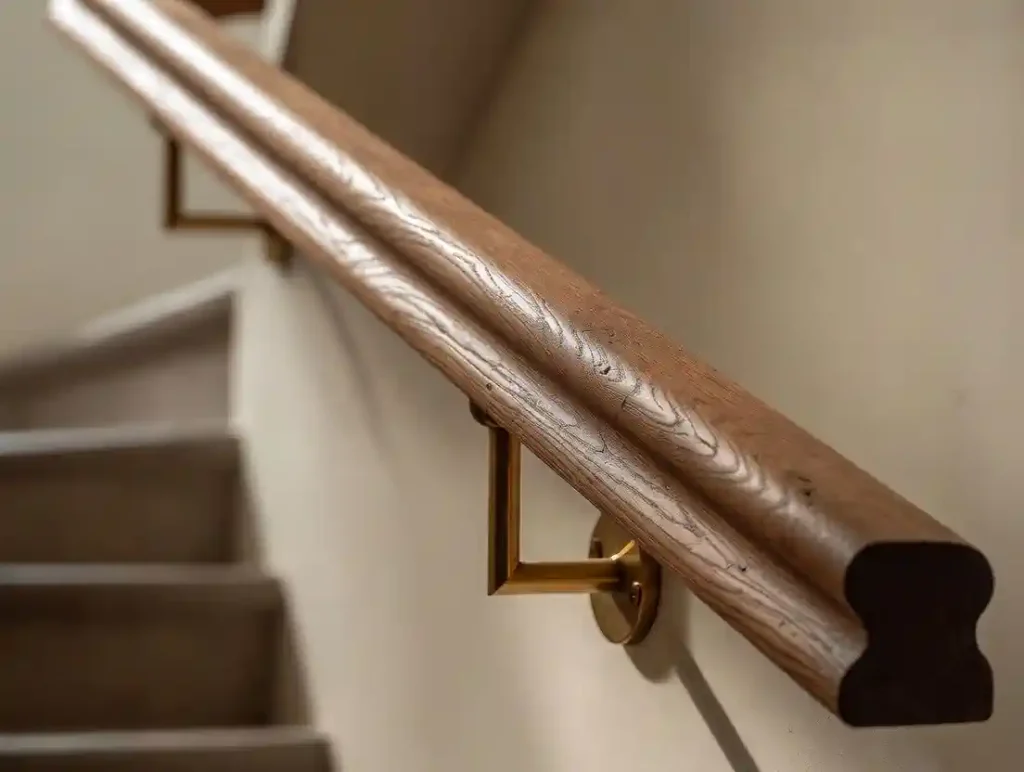 هندریل چوبی پله و دیواری با طراحی سفارشی، ساخته‌شده از چوب طبیعی و اجرای دقیق در صنایع چوب فن و هنر