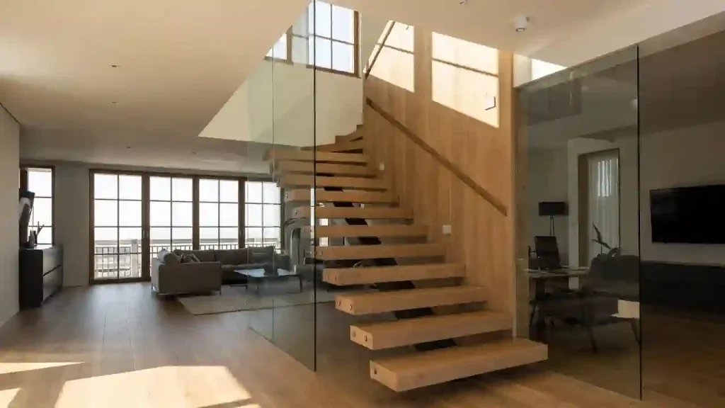 پله چوبی معلق با طراحی مدرن و متریال استاندارد