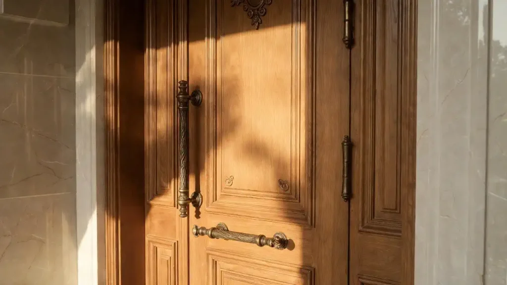 درب کلاسیک تمام چوب سفارشی با منبت‌کاری ظریف – صنایع چوب فن و هنر