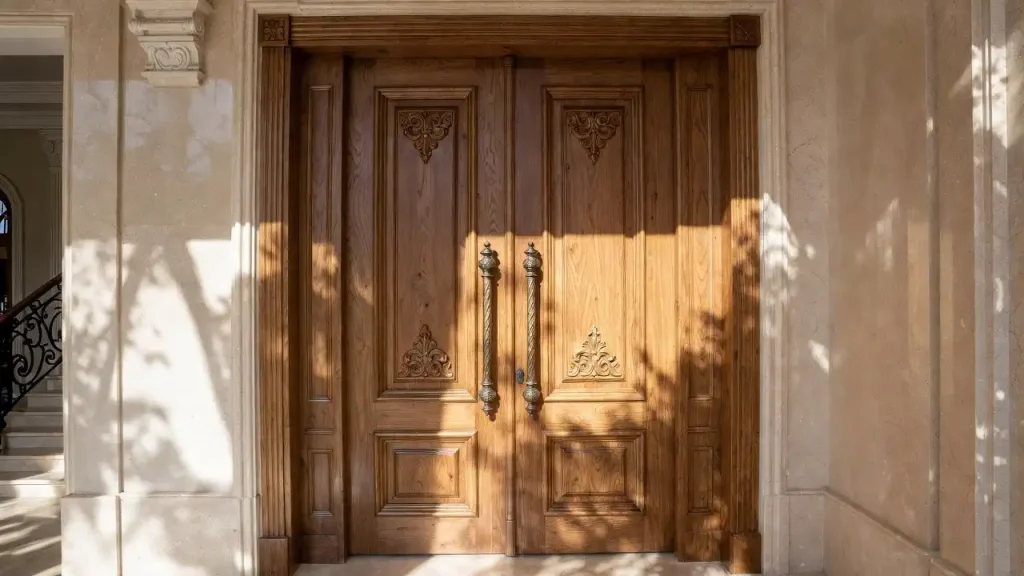 درب کلاسیک تمام چوب سفارشی با منبت‌کاری ظریف – صنایع چوب فن و هنر