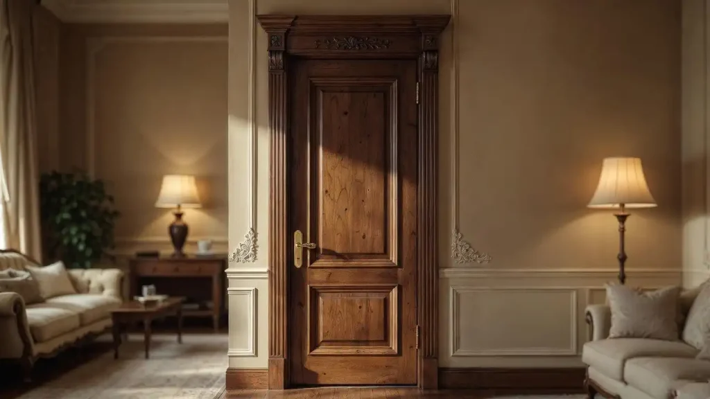 درب کلاسیک تمام چوب سفارشی با منبت‌کاری ظریف – صنایع چوب فن و هنر